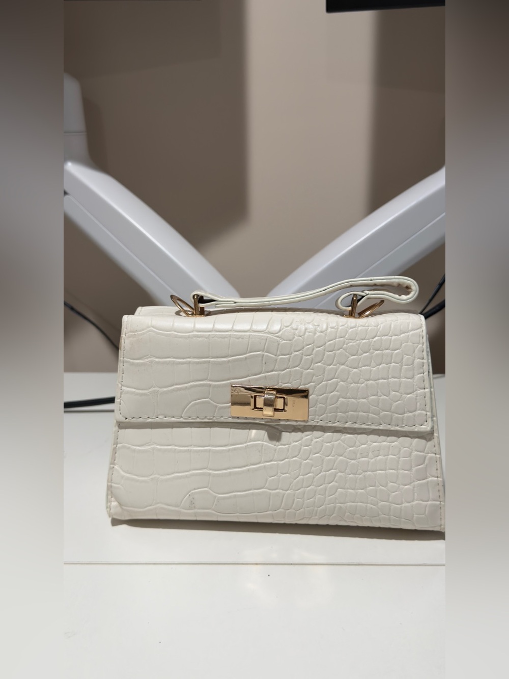 Women's White Croc-Embossed Top Handle Bag with Gold Hardware